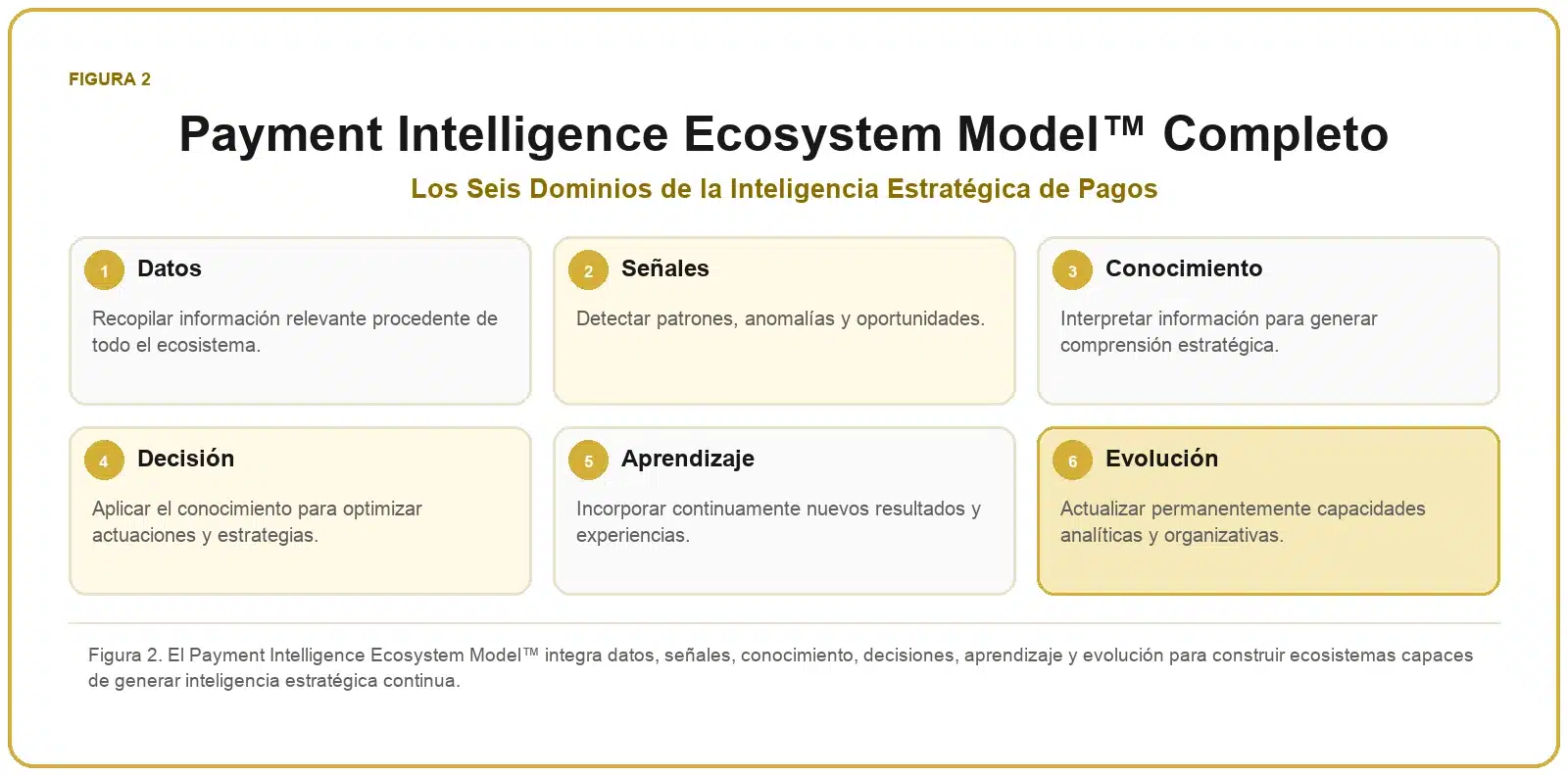 Framework de Inteligencia de Pagos 2 Payment Intelligence Ecosystem Model™ completo con los seis dominios de la inteligencia estratégica de pagos.