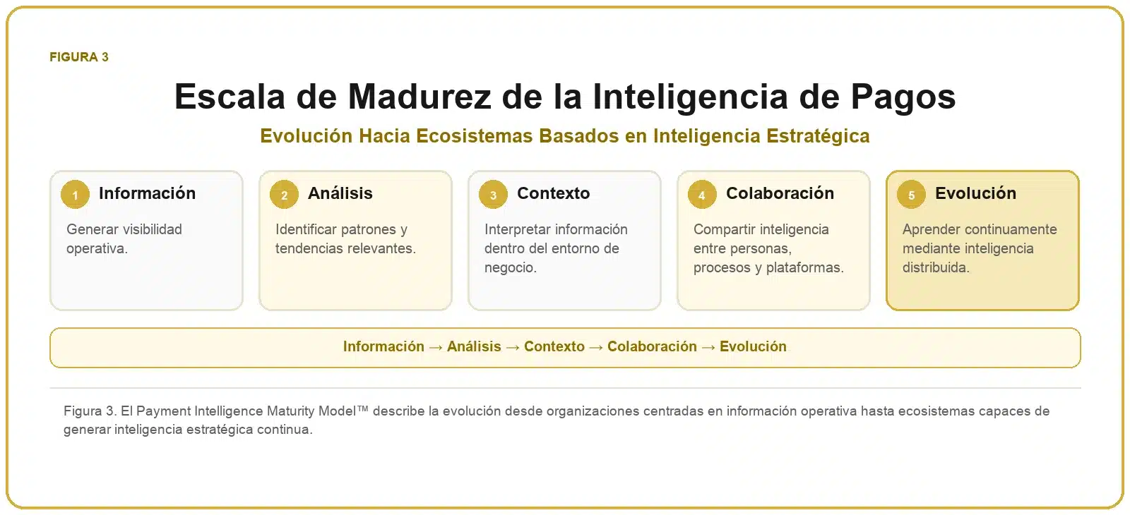 Framework de Inteligencia de Pagos 3 Escala de madurez de la inteligencia de pagos con información, análisis, contexto, colaboración y evolución.