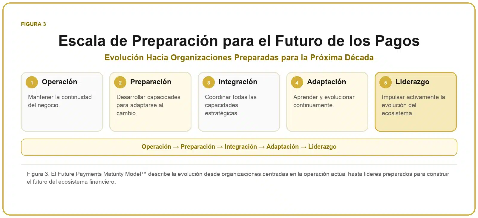 Framework del Futuro de los Pagos 3 Escala de preparación para el futuro de los pagos con cinco niveles: operación, preparación, integración, adaptación y liderazgo.