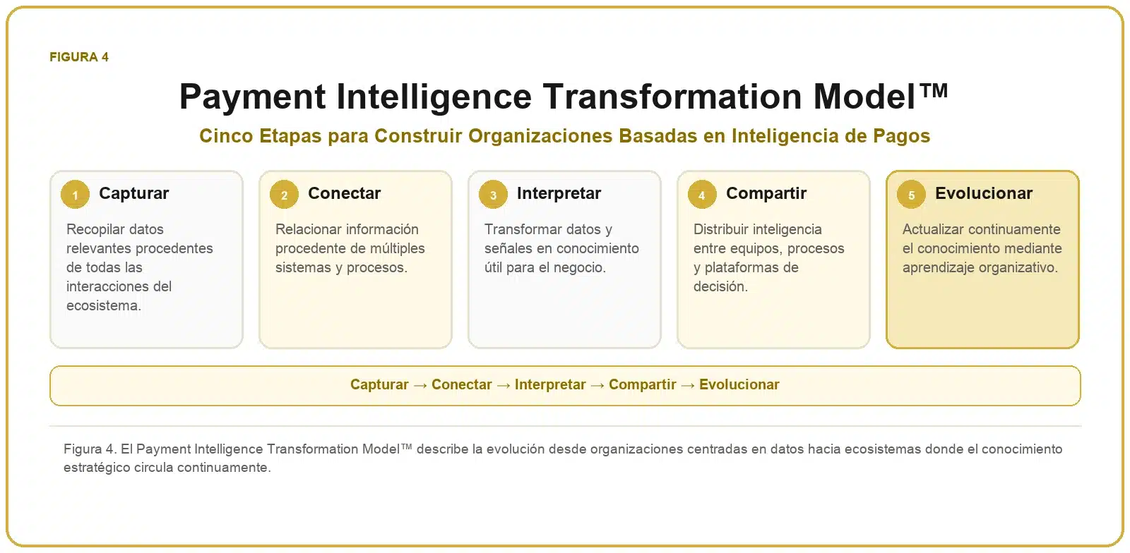 Framework de Inteligencia de Pagos 4 Payment Intelligence Transformation Model™ con las etapas capturar, conectar, interpretar, compartir y evolucionar.