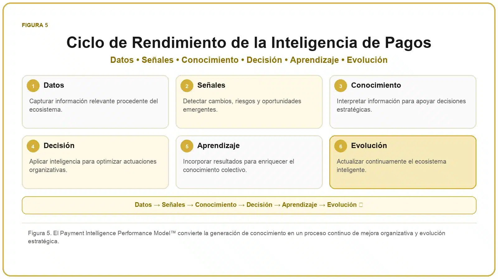 Framework de Inteligencia de Pagos 6 Ciclo de rendimiento de la inteligencia de pagos con datos, señales, conocimiento, decisión, aprendizaje y evolución.