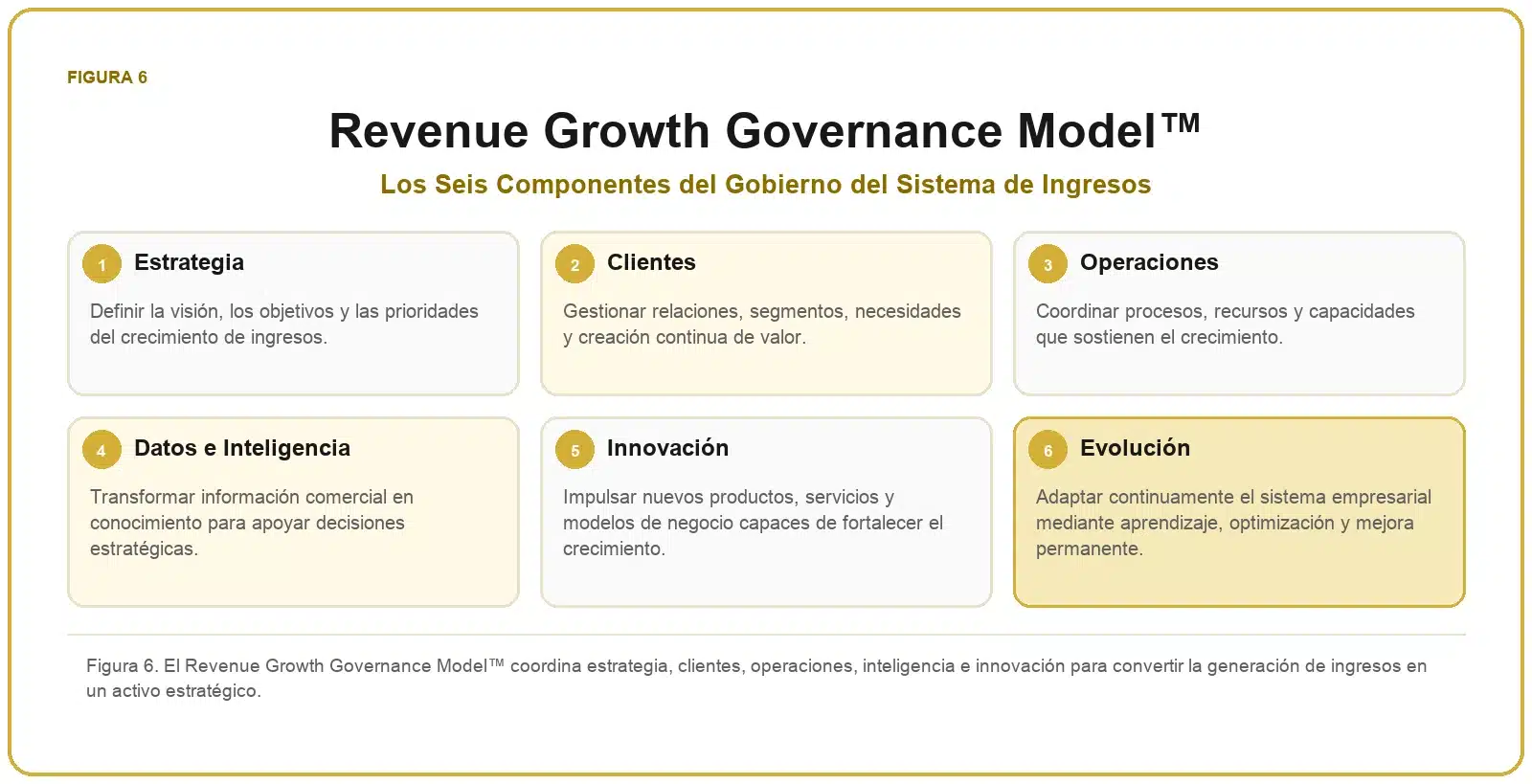 Framework de Crecimiento de Ingresos 7 Revenue Growth Governance Model™ con estrategia, clientes, operaciones, datos e inteligencia, innovación y evolución.