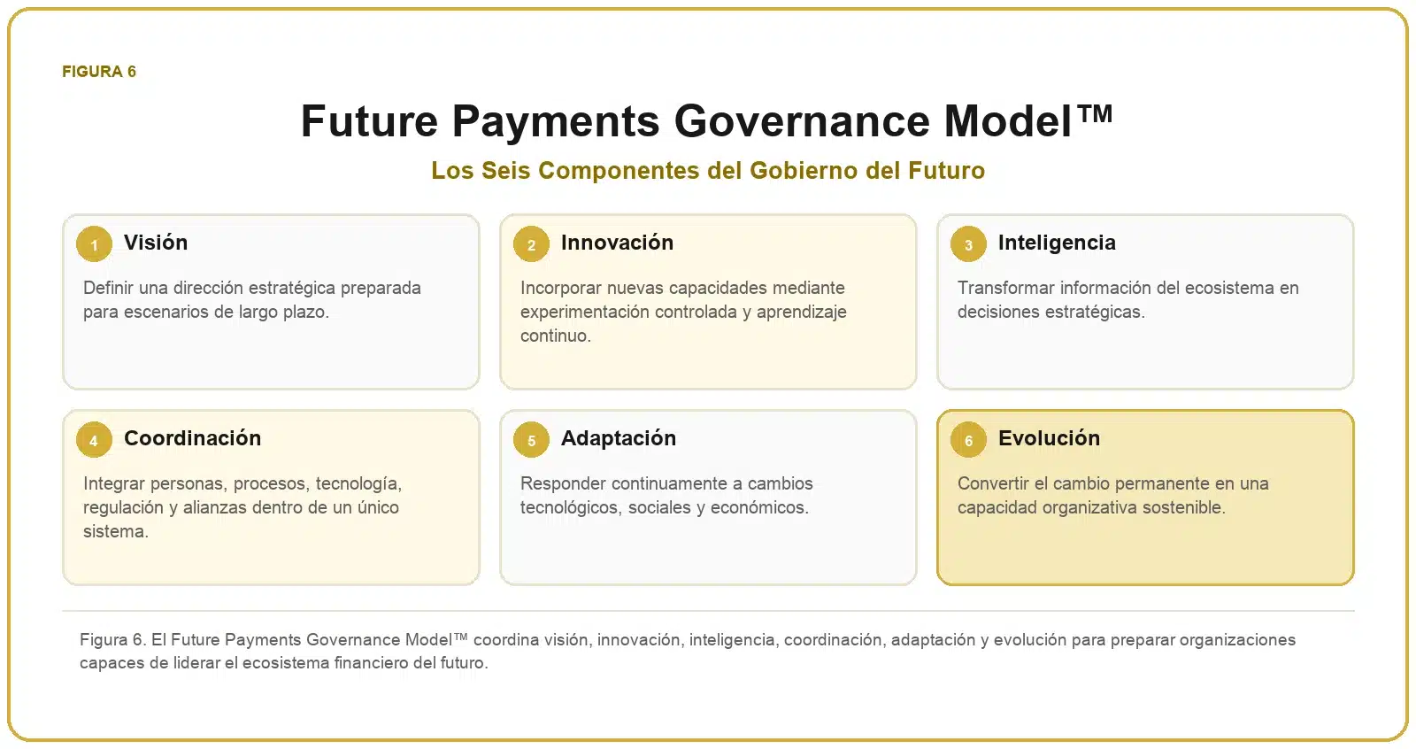 Framework del Futuro de los Pagos 7 Modelo de gobierno del futuro de los pagos con visión, innovación, inteligencia, coordinación, adaptación y evolución.