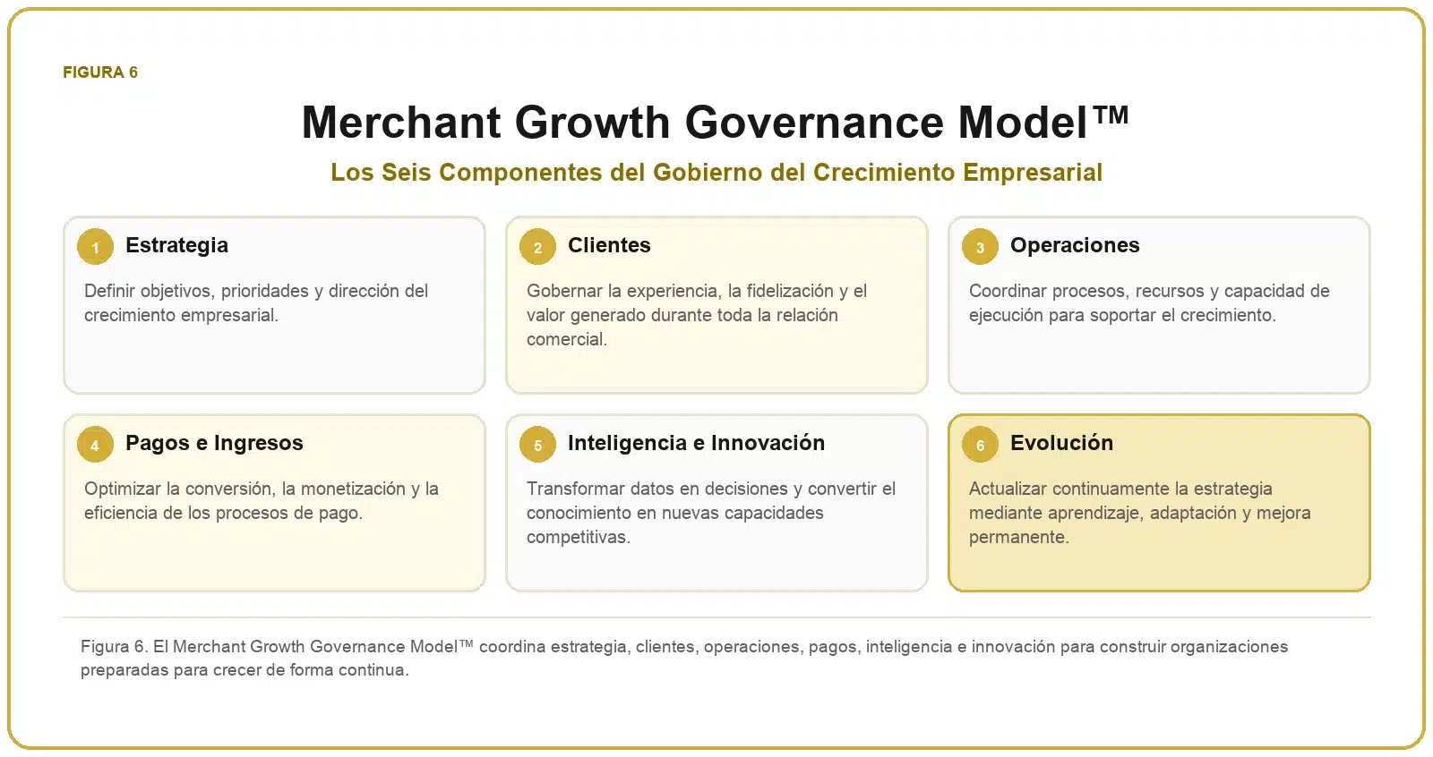 Framework de Crecimiento para Comercios 7 Merchant Growth Governance Model™ con estrategia, clientes, operaciones, pagos e ingresos, inteligencia e innovación y evolución.