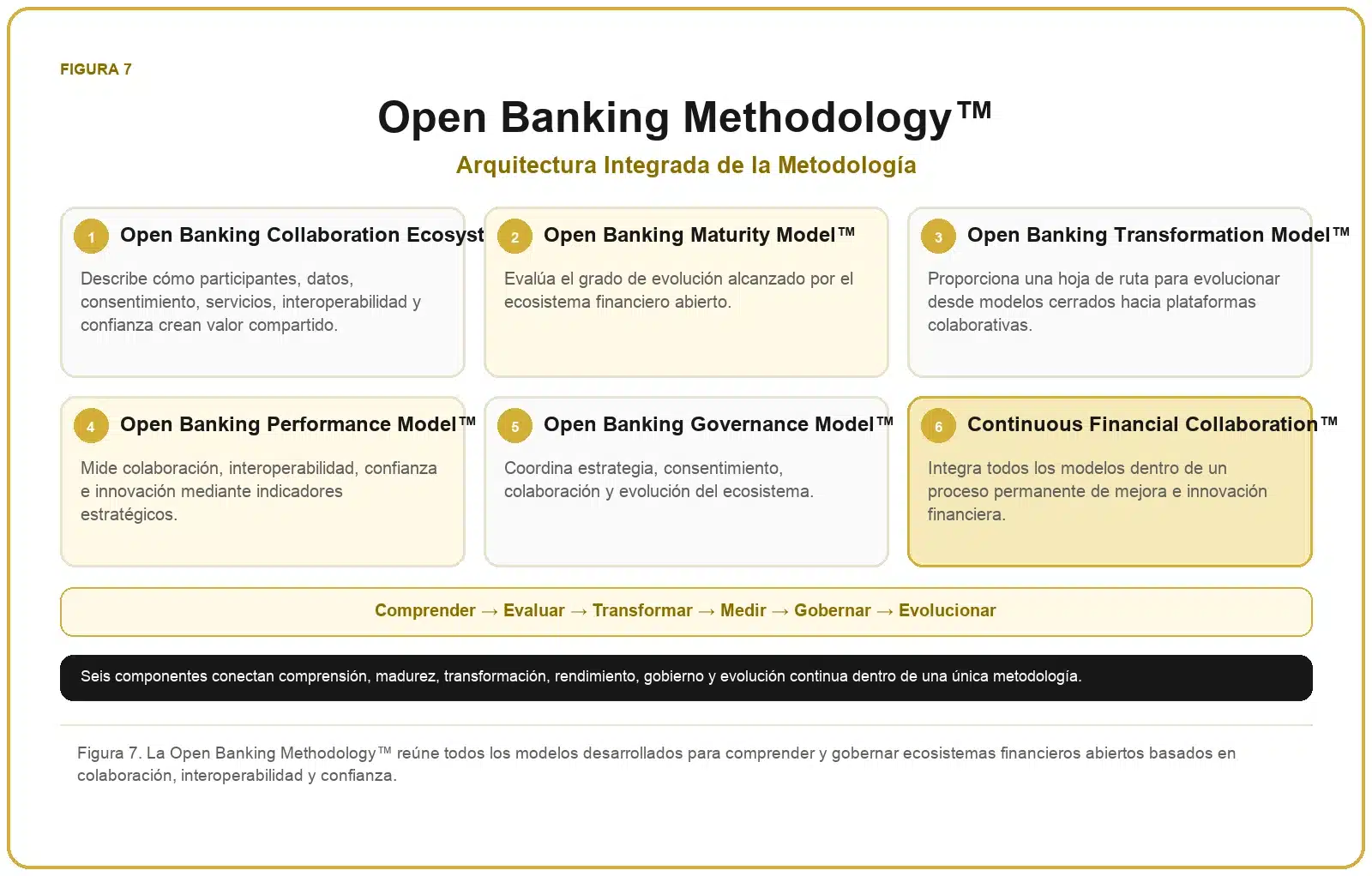 Framework de Open Banking 8 Open Banking Methodology™ con los modelos de colaboración, madurez, transformación, rendimiento, gobierno y colaboración financiera continua.