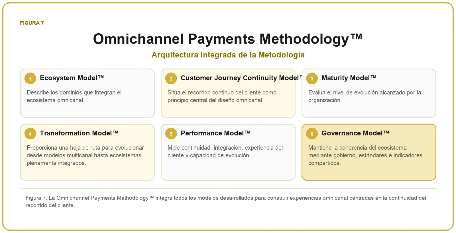 Framework de Pagos Omnicanal 8 Metodología integrada de pagos omnicanal formada por los modelos de ecosistema, continuidad del cliente, madurez, transformación, rendimiento y gobierno.
