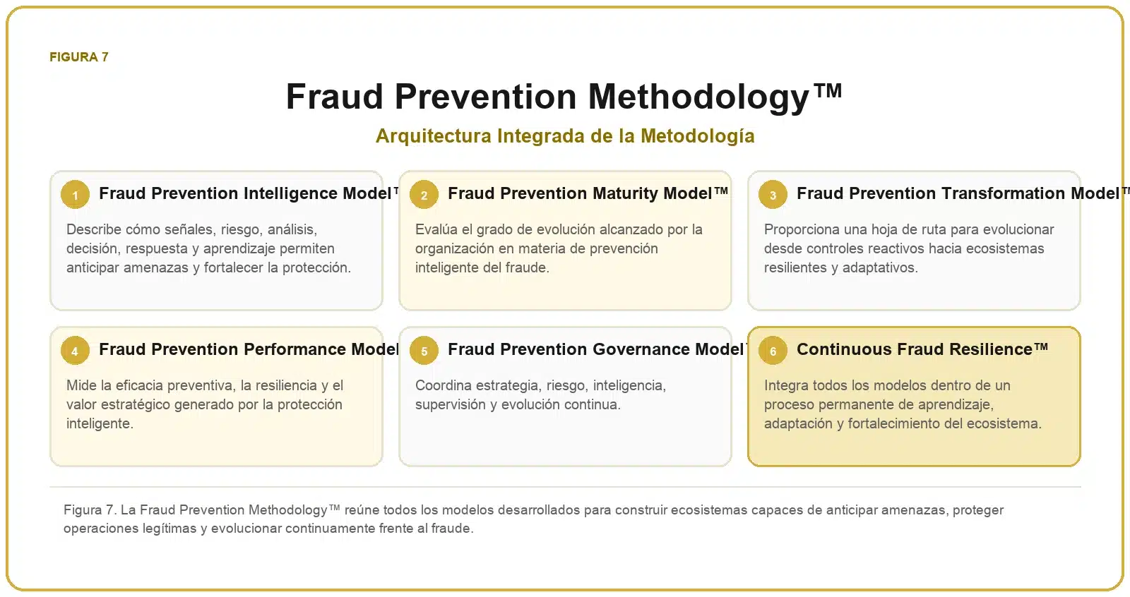 Framework de Prevención del Fraude 8 Metodología integrada de prevención del fraude formada por los modelos de inteligencia, madurez, transformación, rendimiento, gobierno y resiliencia continua.