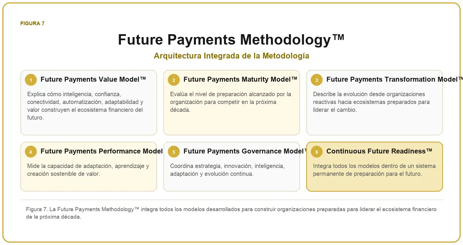 Framework del Futuro de los Pagos 8 Metodología integrada del futuro de los pagos formada por los modelos de valor, madurez, transformación, rendimiento, gobierno y preparación continua.