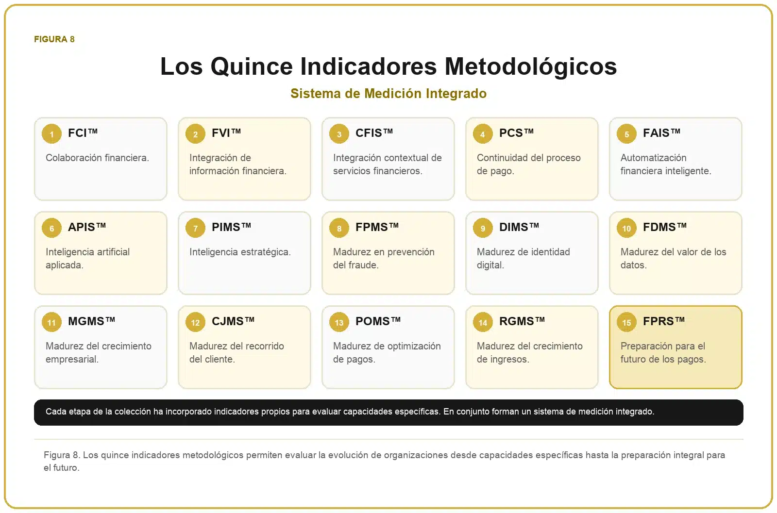 Framework del Futuro de los Pagos 9 Sistema integrado con quince indicadores para medir colaboración, integración financiera, automatización, inteligencia, fraude, identidad, datos, crecimiento y preparación futura.