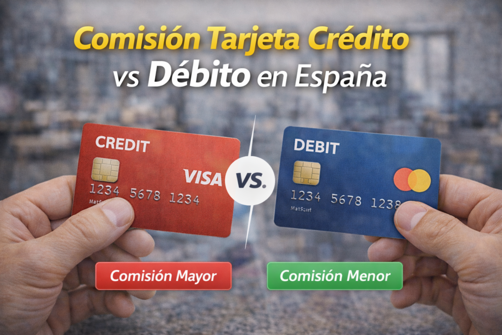 Empresario revisando comisiones de tarjetas en datáfono