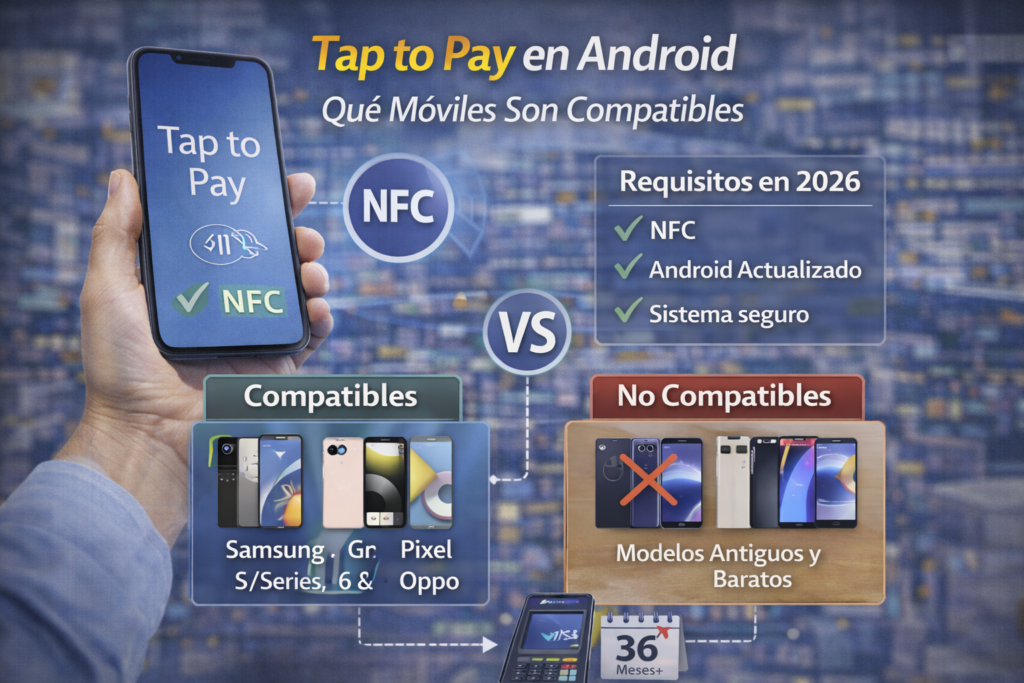 Empresario cobrando con Tap to Pay en móvil Android compatible con NFC