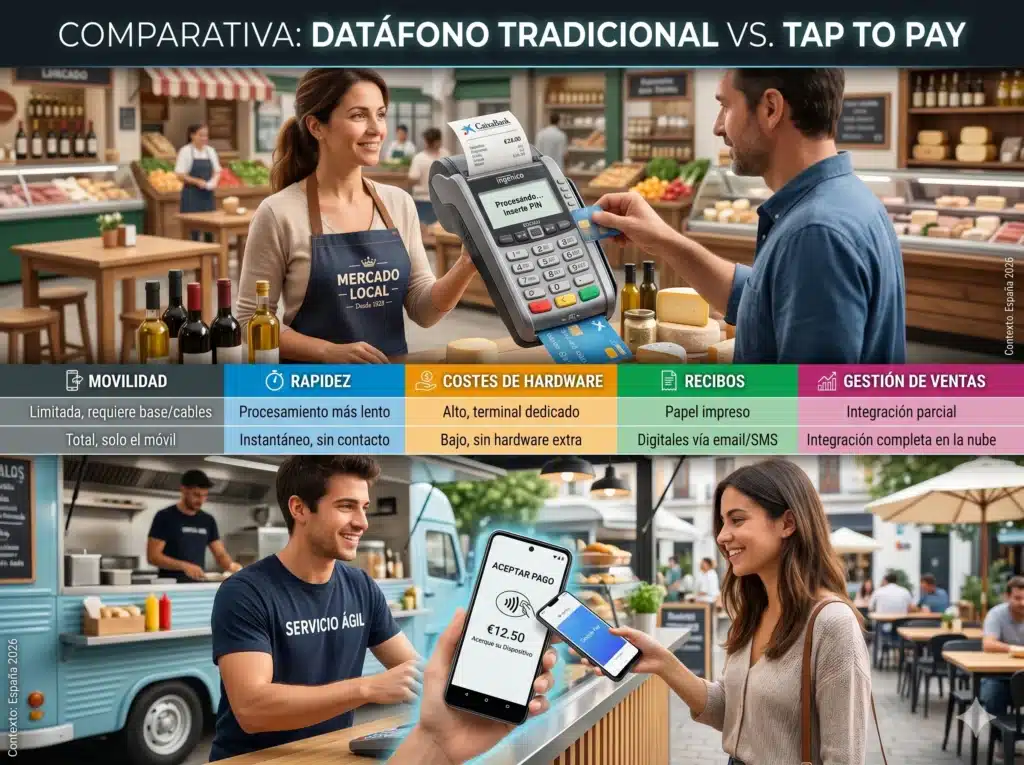 Vista dividida mostrando a la izquierda un datáfono físico tradicional imprimiendo un ticket, y a la derecha un smartphone procesando un pago mediante tecnología Tap to Pay.