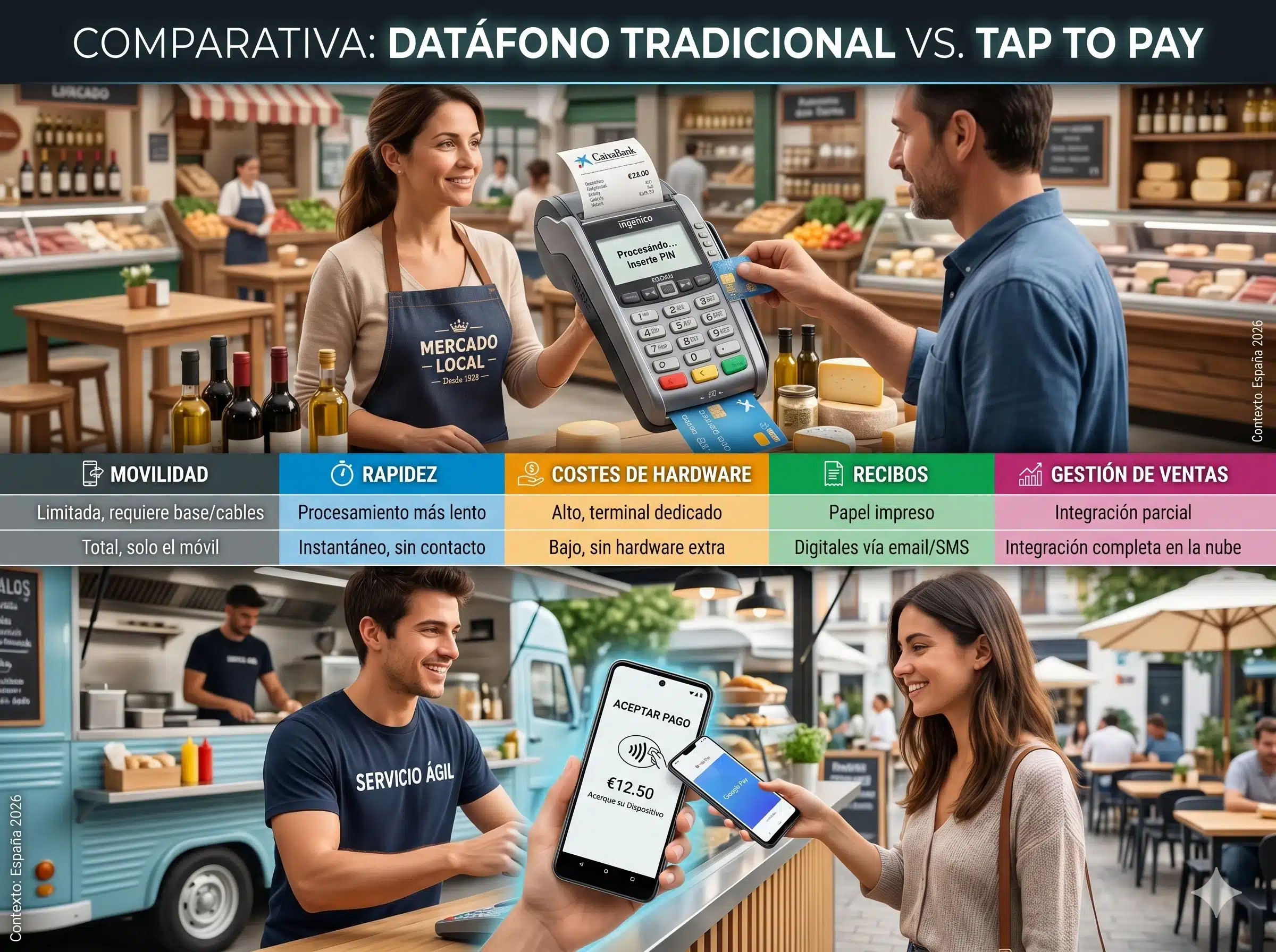 Vista dividida mostrando a la izquierda un datáfono físico tradicional imprimiendo un ticket, y a la derecha un smartphone procesando un pago mediante tecnología Tap to Pay.