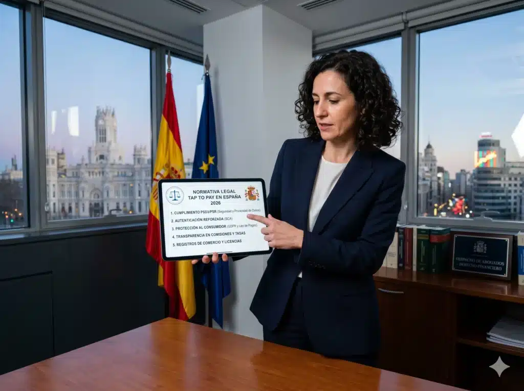 Experto legal y empresario revisando en una tablet la normativa de pagos móviles en España mientras utilizan un sistema Tap to Pay en el mostrador.