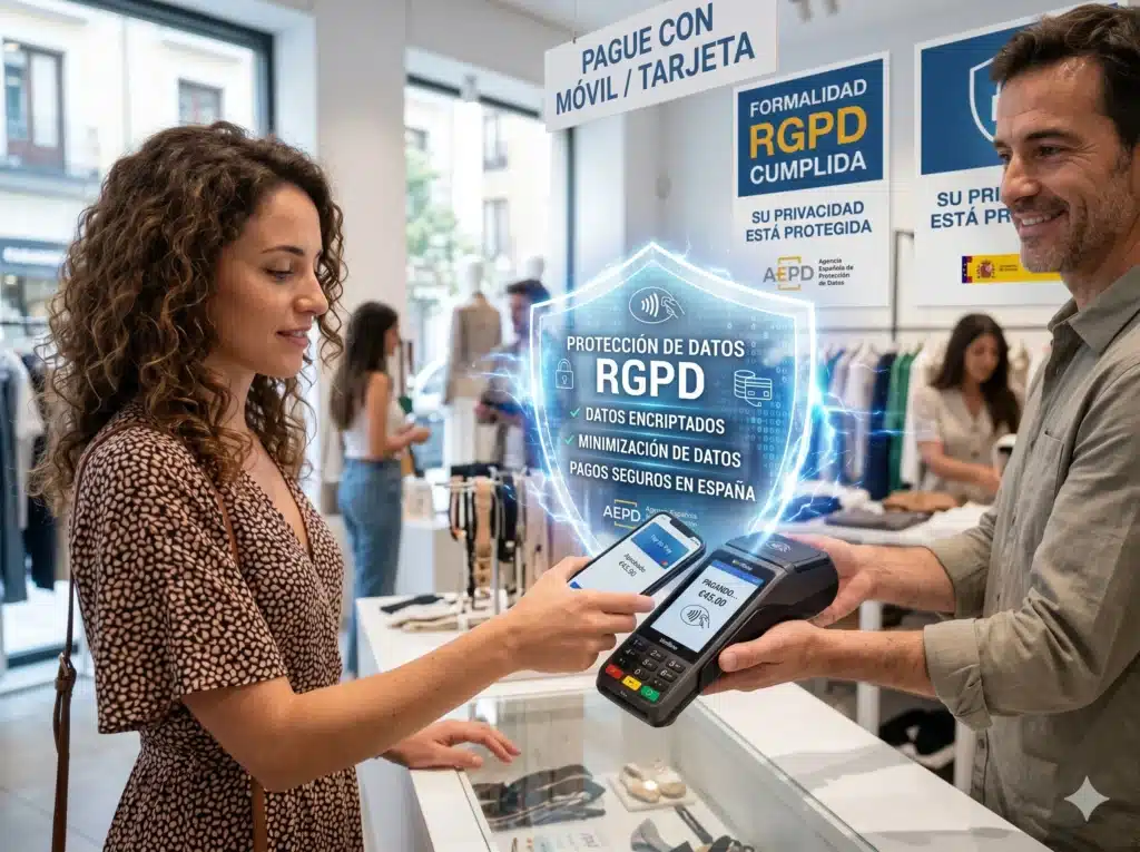 Un primer plano de una transacción Tap to Pay con un escudo digital superpuesto, simbolizando el cumplimiento del RGPD y la protección de datos personales.