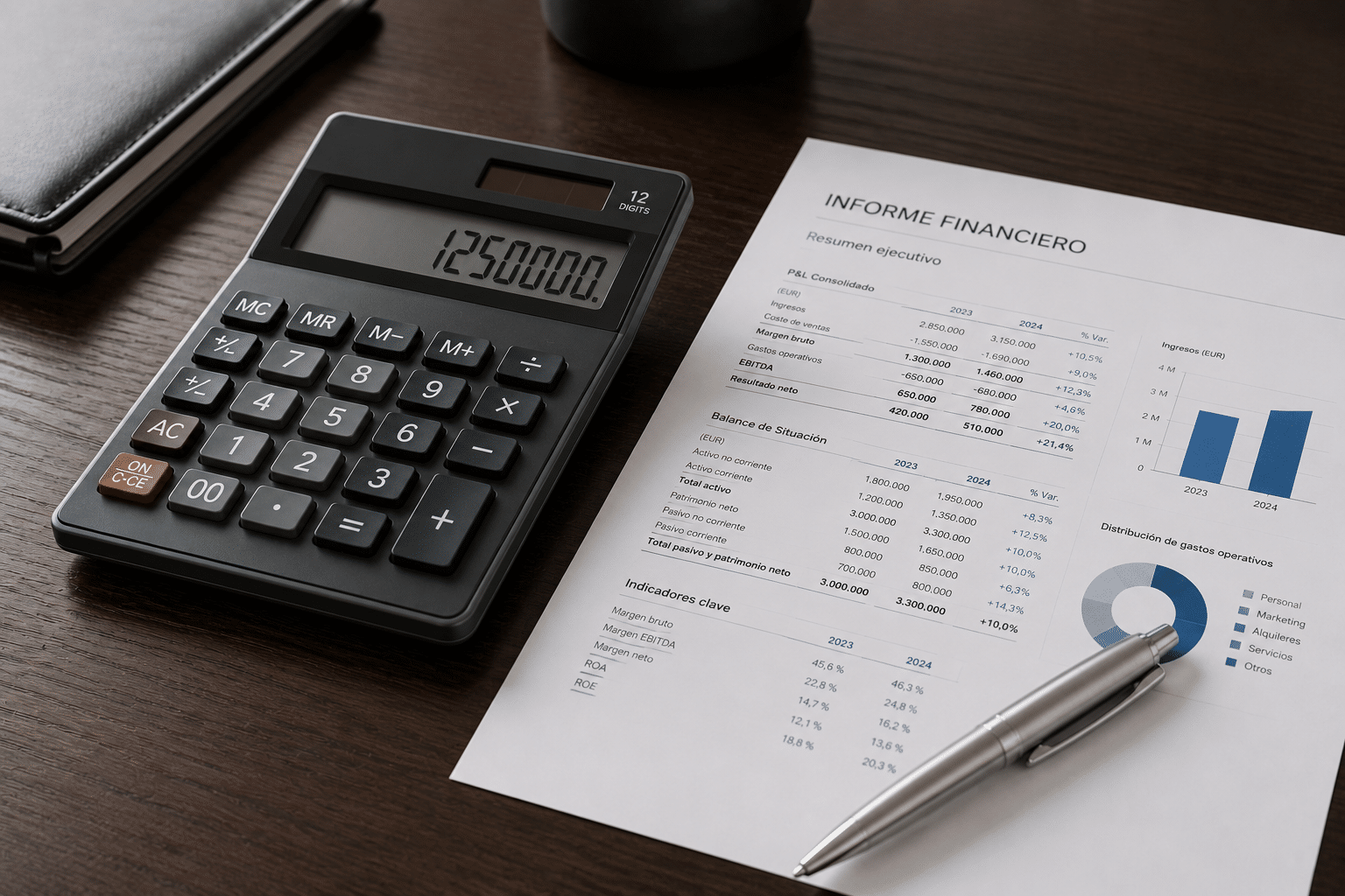 Calculadora financiera y balances de informes de cuentas contables detallando las comisiones de datáfono de una empresa en España.