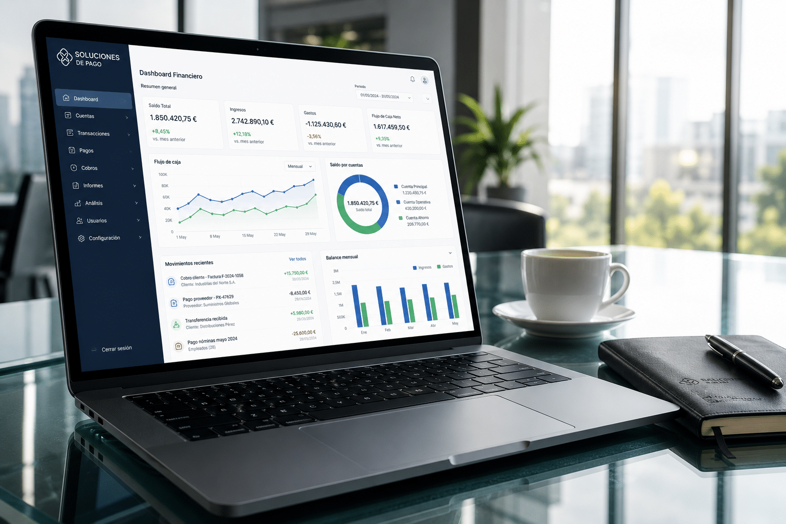 Pantalla de ordenador mostrando un panel de control financiero con métricas de tesorería de una cuenta empresa corporativa.