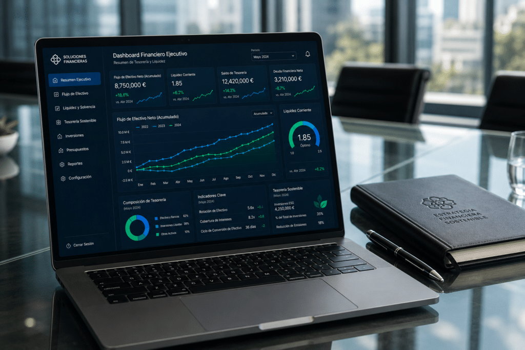 Pantalla de ordenador mostrando paneles de analítica avanzada y flujos de tesorería asociados a una sólida cuenta empresa crecimiento sostenible corporativo.