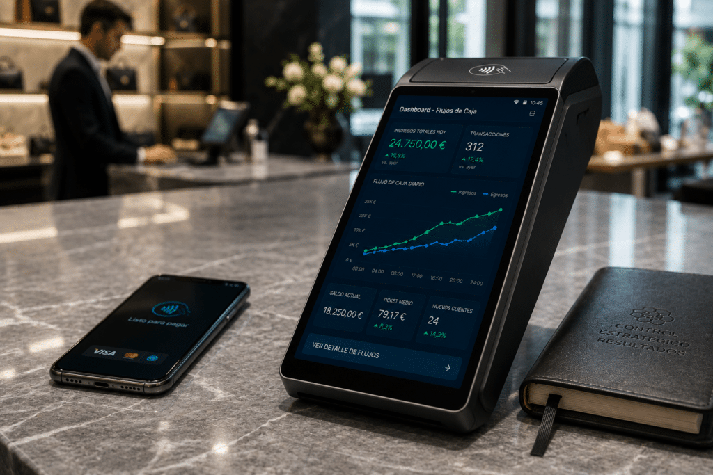 Terminal de cobro inteligente Android Smart POS mostrando un panel de analítica avanzada transaccional en un comercio español moderno.