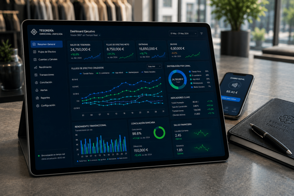 Pantalla de tableta digital mostrando paneles de analítica avanzada e indicadores de rendimiento transaccional unificado en un comercio omnicanal de España.