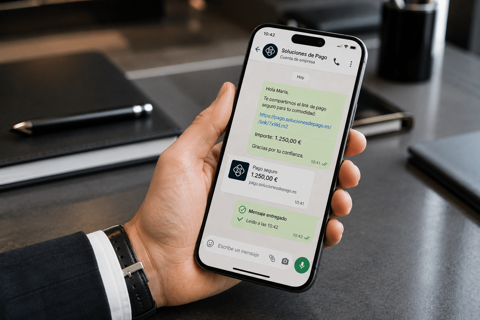 Pantalla de smartphone mostrando un mensaje corporativo con un enlace de pago seguro enviado a un cliente.