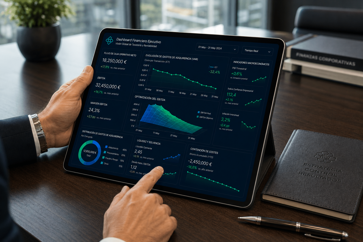 Pantalla de tableta corporativa mostrando paneles de analítica avanzada y control de flujos de tesorería orientados a reducir costes cobro empresa en España de forma contundente.
