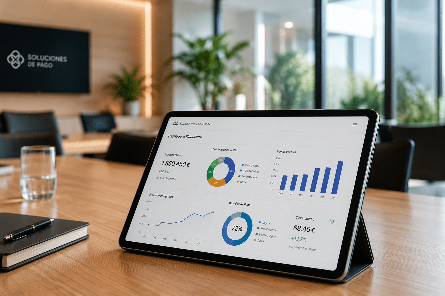 Pantalla de analítica financiera en una tableta que muestra informes de rendimiento y tesorería de un sistema de pago para pymes.