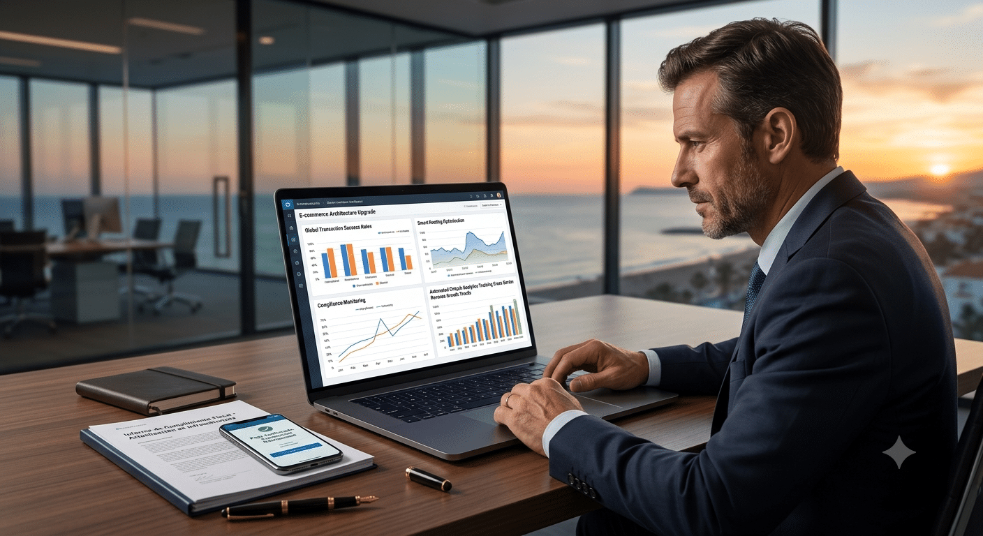 Director financiero analizando en su portátil las mallas transaccionales transfronterizas y las reglas de Smart Routing de pagos online expansión global en su pyme en España.