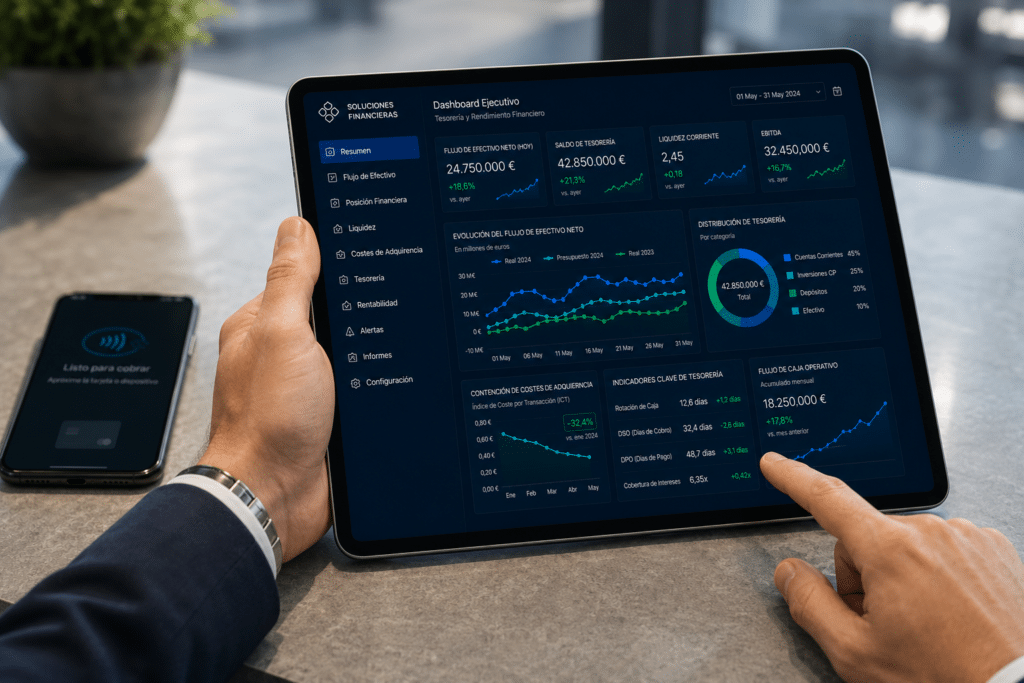 Pantalla de tableta digital mostrando paneles de analítica avanzada e indicadores de rendimiento de flujos de caja contables netos asociados a la consolidación de Tap to Pay estándar mercado en España.