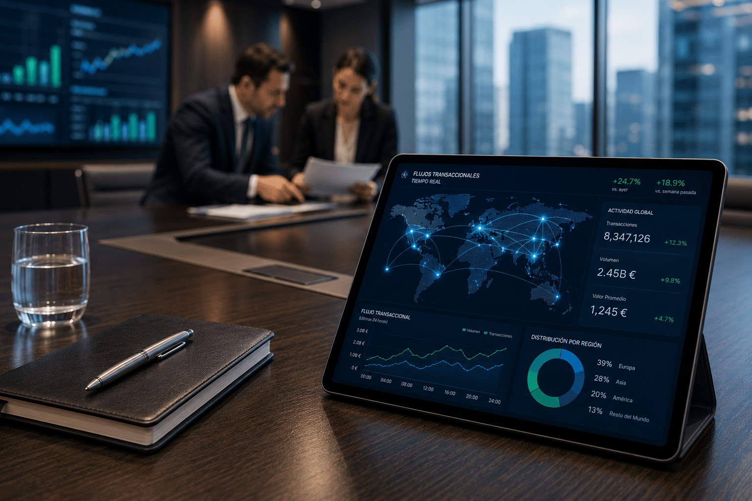 Pantalla corporativa mostrando un mapamundi transaccional e indicadores analíticos de tendencias globales de pago 2027.